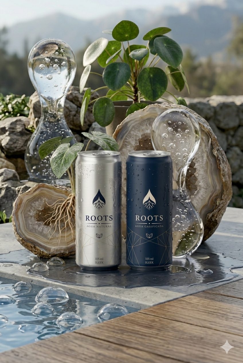 Latas ROOTS Agua Natural y Agua Gasificada con salpicadura de agua